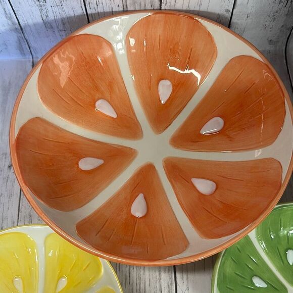 Pier 1 Imports Citrus Earthenware Serving Bowl & 2 Bowls Set Lemon Lime - Picture 2 of 8